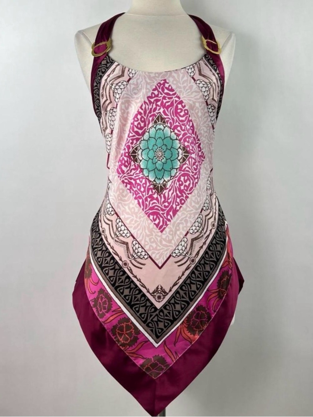XOXO Silk Printed Pink & Magenta Handkerchief Hem Halter Top